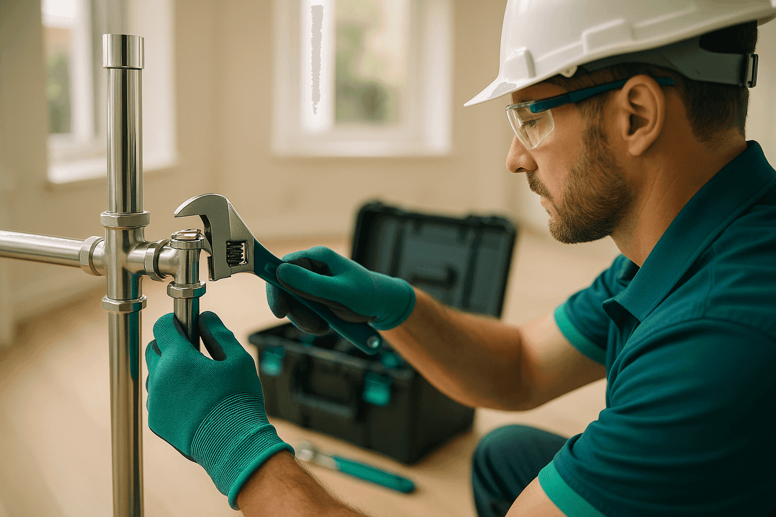 Plumber wearing safety gear tightening a pipe joint with wrench at a clean residential site