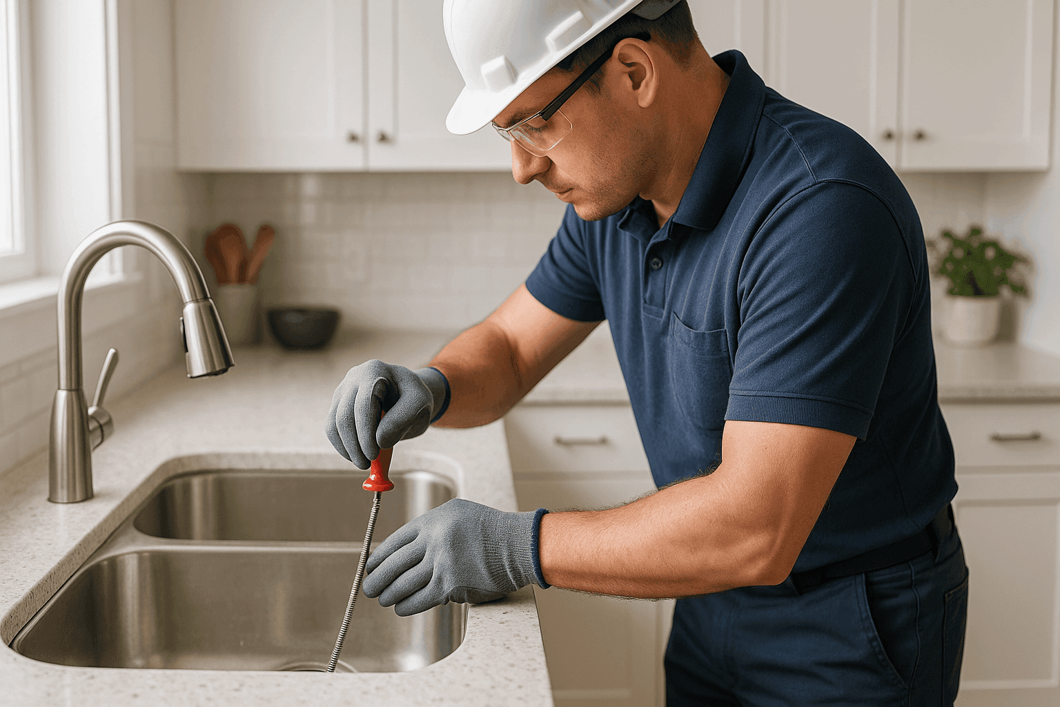 Technician clearing a kitchen drain in a Portland home with eco-friendly tools