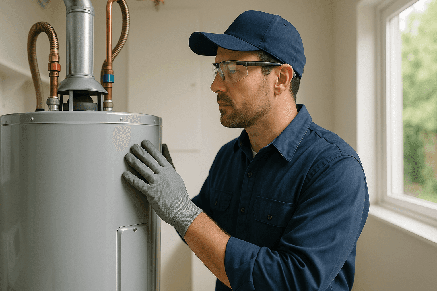 Plumber inspecting a residential water heater in a Portland utility room