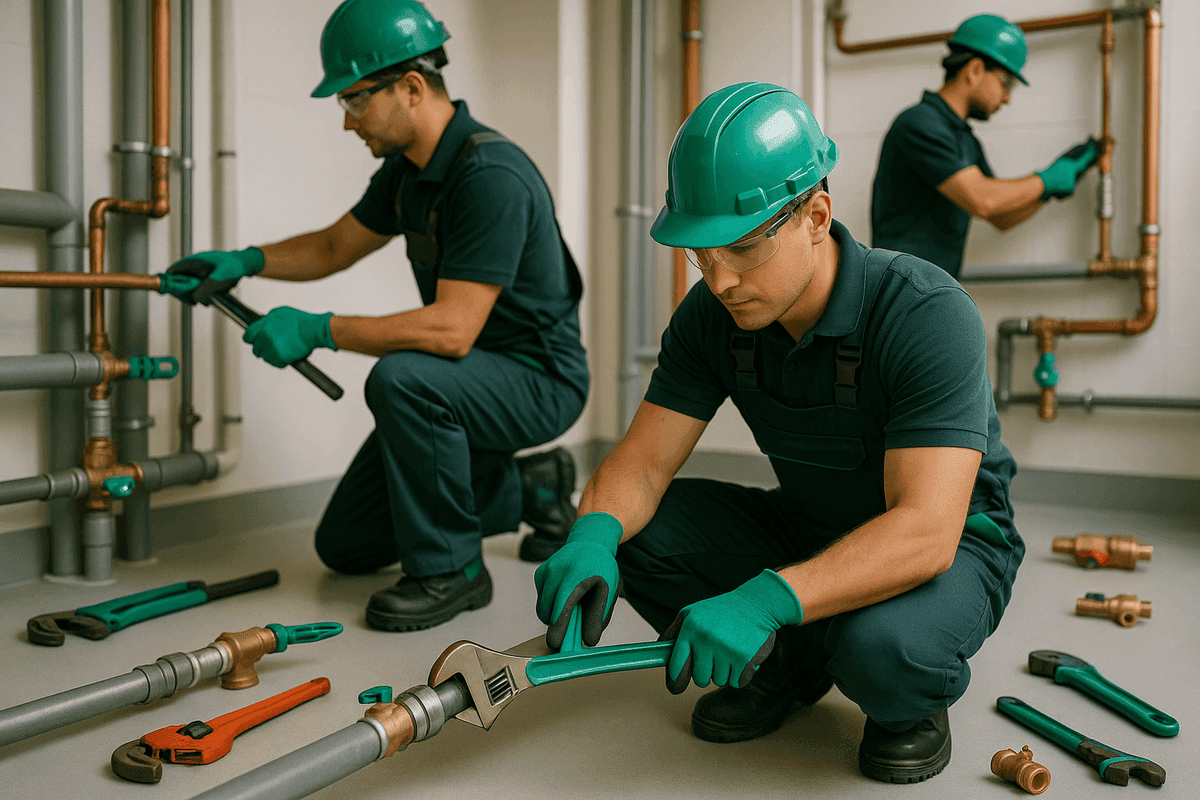 Close-up of plumber’s gloved hands tightening copper pipe fitting in bright bathroom